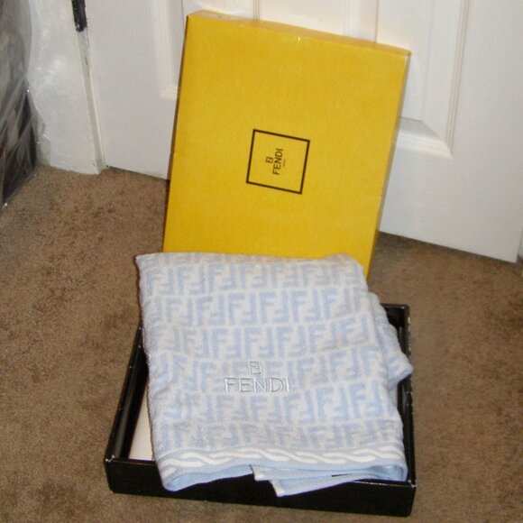 NEW FENDI Bath Towel 100% Cotton Light Blue Zucca in Box Giftable - Picture 1 of 10